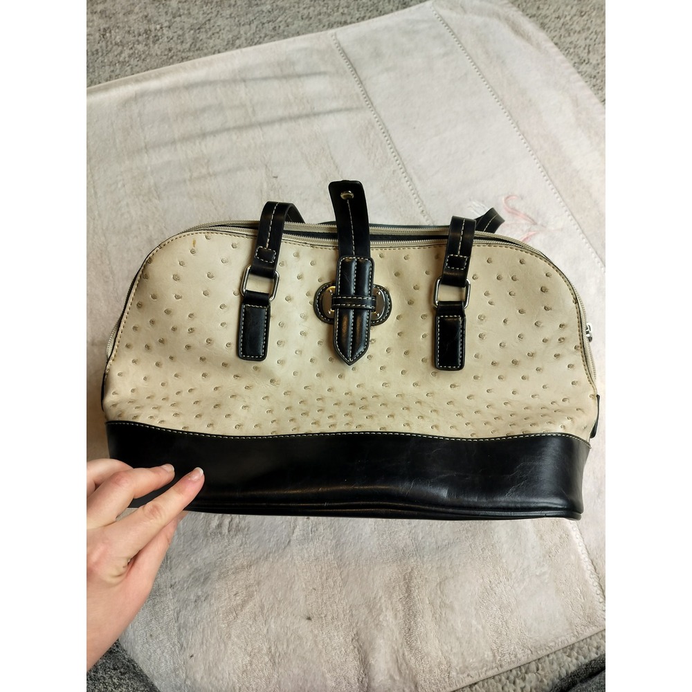 Ostrich Embossed Satchel Handbag‎ Women Medium Tan Black Good Two Tone Crossbody
